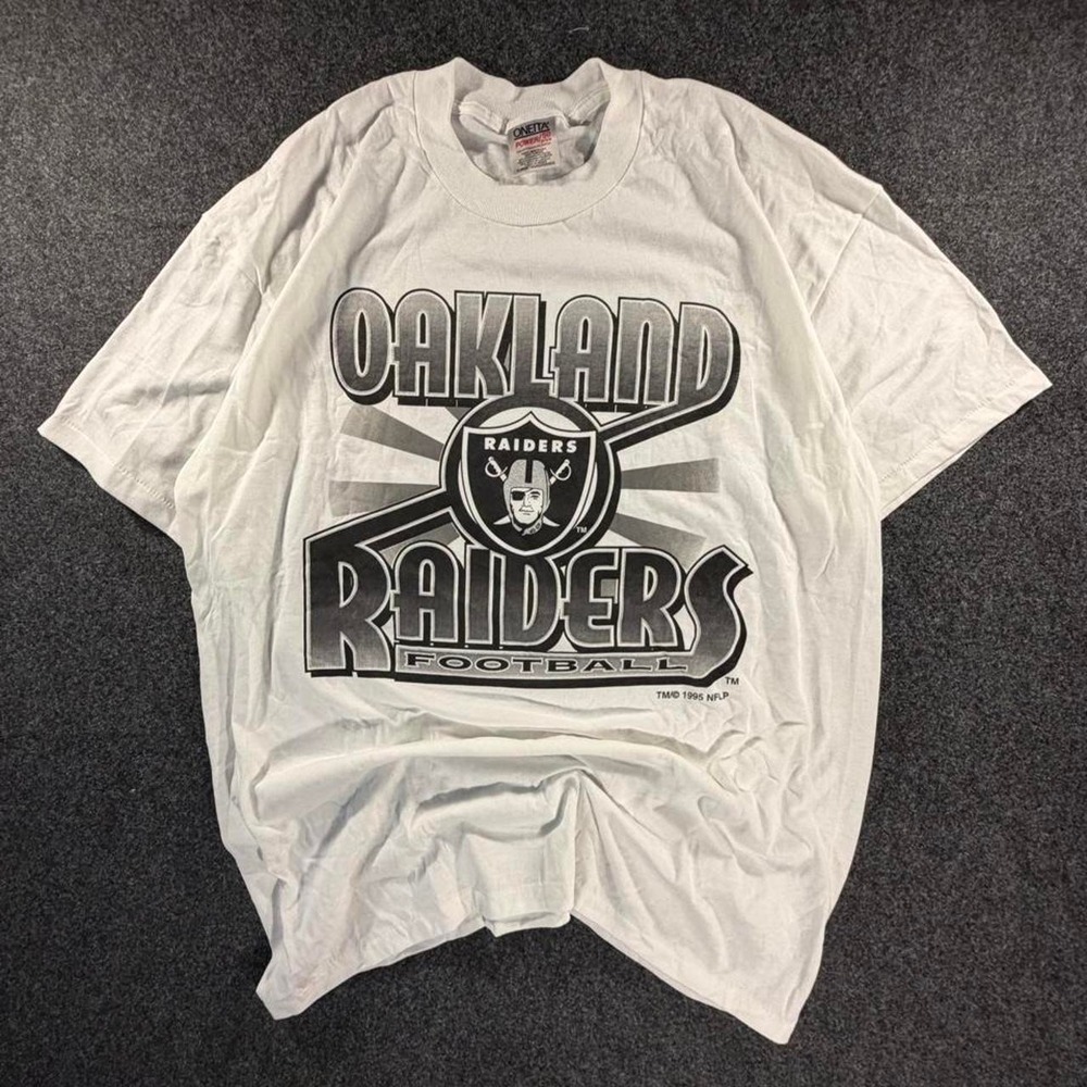 Vintage 1995 Oakland Raiders Football T-Shirt Oneita Power 50 White XL NFL
